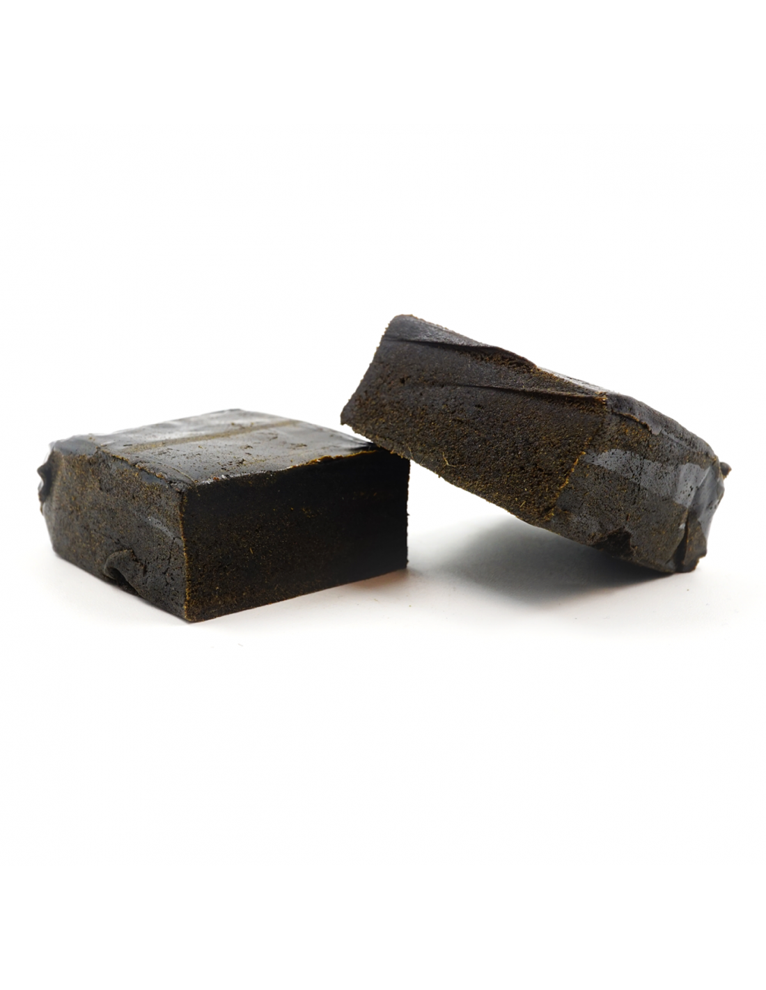 Un morceau rectangulaire marron foncé coupé en deux de résine Hash Cachemire